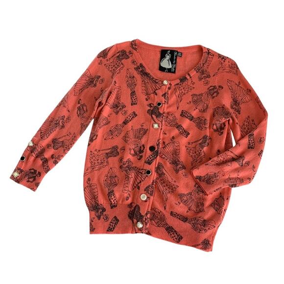 Twelve by Twelve Coral Pink and Black Fashionista Women Print Cardigan Medium - Picture 1 of 12